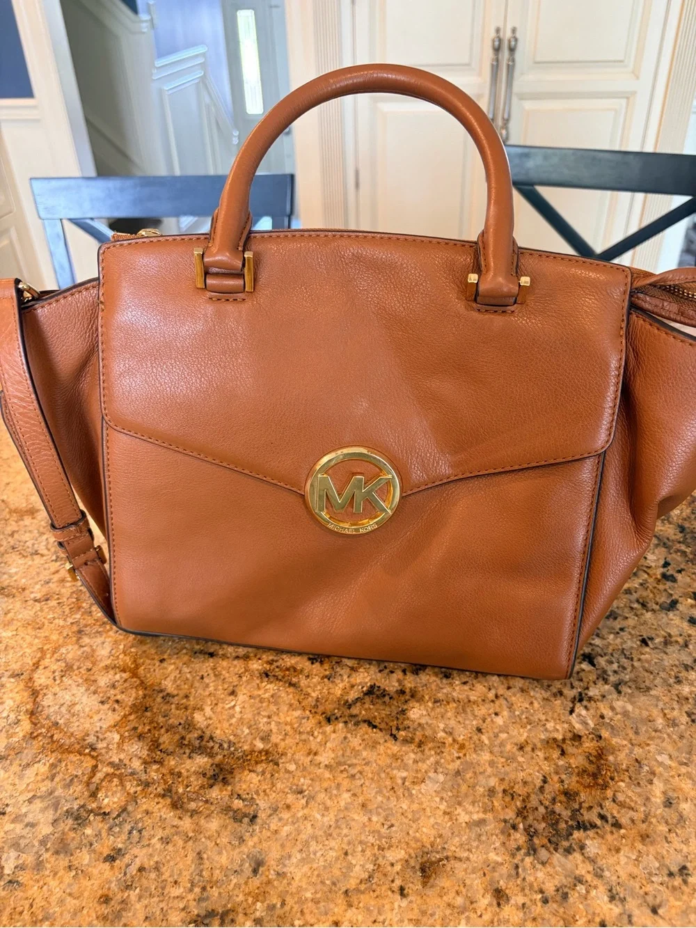 Michael Kors Cognac Leather Satchel with Gold MK Emblem